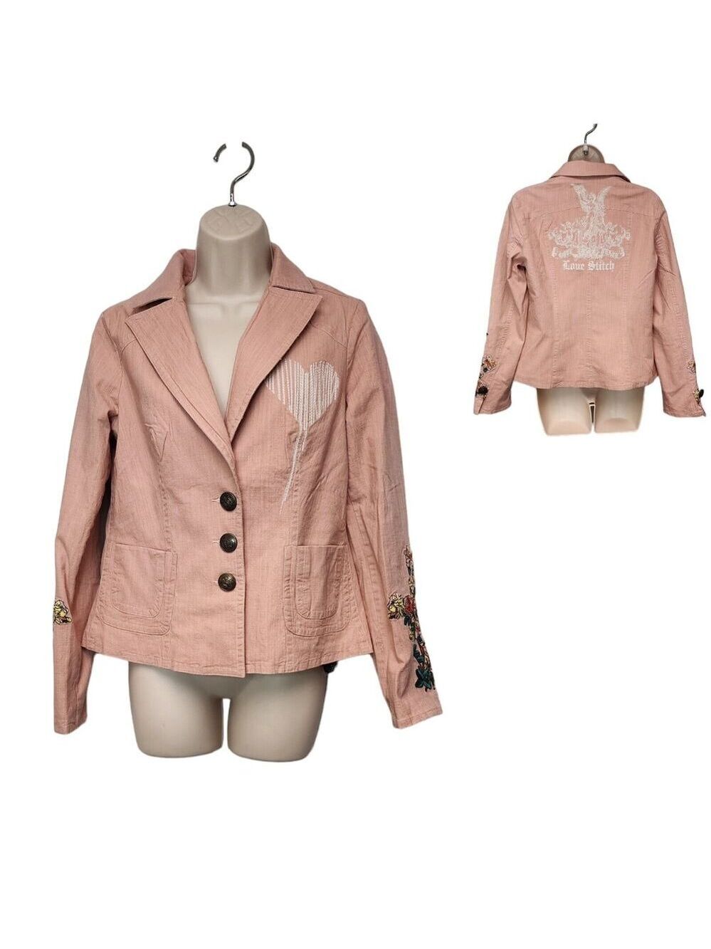 Love Stitch Embroidered Design Blazer Jacket Junior Size L Multicolor Pink